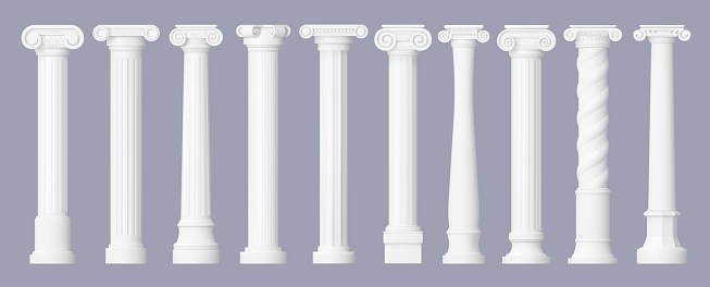 Antique greek marble columns, vintage roman isolated temple interior pillars. Isolated 3d vector classical, majestic, timeless architectural elements for buildings, crafted from exquisite white stone