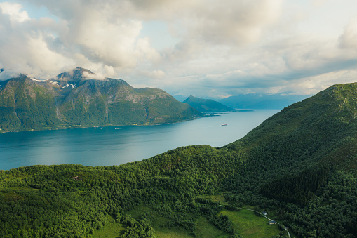 Drone high-angle photo of cruise boat on the fjord surrounded by fresh green mountain peaks in Western Noway