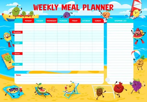 Vector illustration of Weekly meal planner, cartoon funny fruits on beach