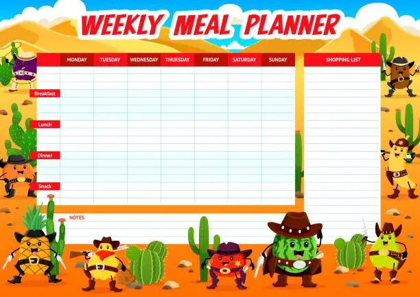 Vector illustration of Weekly meal planner, cartoon western cowboy fruits
