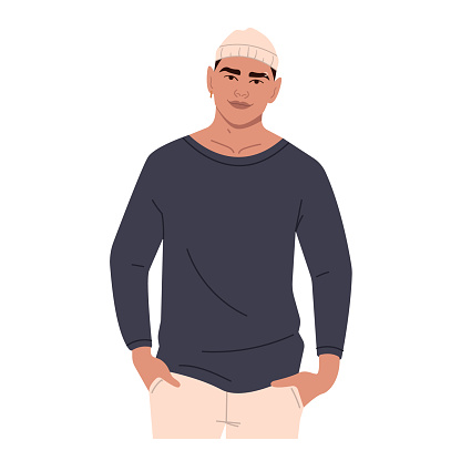 A young man in a hat stands with his hands in his trousers pockets. A male character in a relaxed pose. A man is posing. Vector illustration in a flat style, isolated on a white background