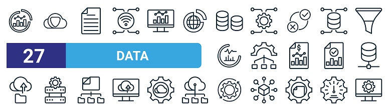 set of 27 outline web data icons such as business chart, secure, document, microservices, network, server, configuration, computer tings vector thin line icons for web design, mobile app.