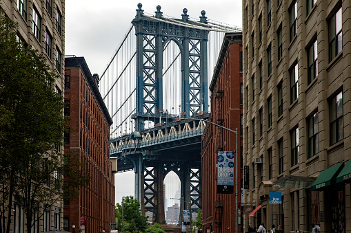 Dumbo the trendy Brooklyn neighborhood with picturesque views of the Manhattan skyline and bridge.