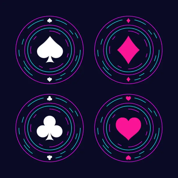 Vector illustration of Four vibrant poker chips adorned with the suits of playing cards spades, diamonds, clubs, and hearts isolated on dark background. Chips feature classic design, play in games like poker and blackjack
