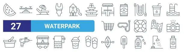 Vector illustration of set of 27 outline web waterpark icons such as watermelon, seesaw, relax, , scuba diving, water gun, canoe, sunscreen vector thin line icons for web design, mobile app.