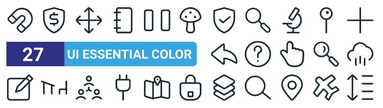set of 27 outline web ui essential color icons such as magnet, protection, move, search, circle, bench, layer, spacing vector thin line icons for web design, mobile app.
