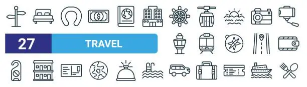 Vector illustration of set of 27 outline web travel icons such as road, bed, cushion, , train, motel, car, restaurant vector thin line icons for web design, mobile app.