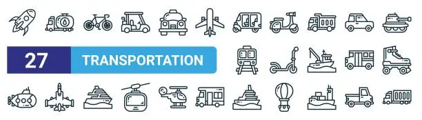 Vector illustration of set of 27 outline web transportation icons such as rocket, oil truck, bicycle, motorcycle, scooter, jet plane, ferry, cargo truck vector thin line icons for web design, mobile app.