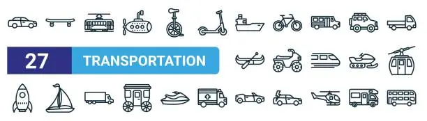 Vector illustration of set of 27 outline web transportation icons such as car, skateboard, tram, bicycle, atv, sailboat, convertible car, double decker vector thin line icons for web design, mobile app.