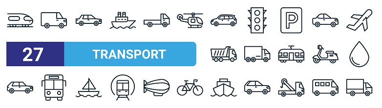 set of 27 outline web transport icons such as train, truck, car, traffic light, truck, bus, ship, truck vector thin line icons for web design, mobile app.