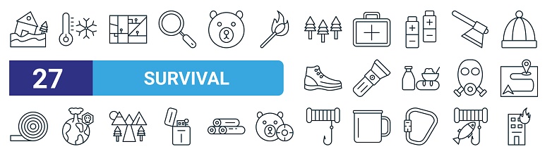 set of 27 outline web survival icons such as disaster, hypothermia, map, first aid, flashlight, apocalypse, fishing line, burning house vector thin line icons for web design, mobile app.