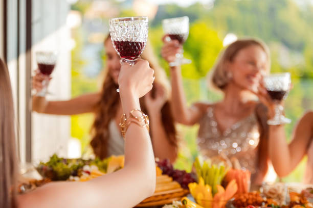 female friends toasting with red wine during party - bride wedding freedom arms raised zdjęcia i obrazy z banku zdjęć