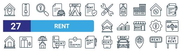 ilustrações, clipart, desenhos animados e ícones de set of 27 outline web rent icons such as location, real estate, real estate, discount, price, elevator, rent, for rent vector thin line icons for web design, mobile app. - real estate credit card sign map