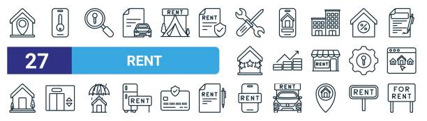 set of 27 outline web rent icons such as location, real estate, real estate, discount, price, elevator, rent, for rent vector thin line icons for web design, mobile app. - real estate credit card sign map stock illustrations