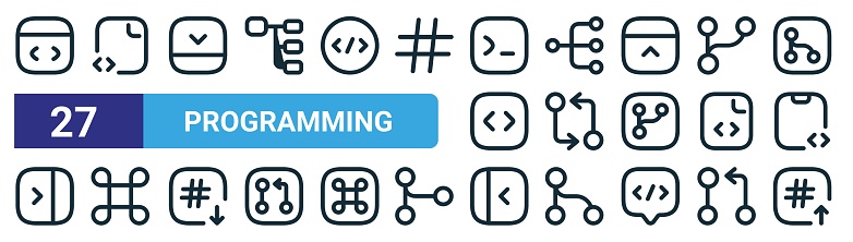 set of 27 outline web programming icons such as code, code, sidebar, data, arrows, command, sidebar, up arrow vector thin line icons for web design, mobile app.