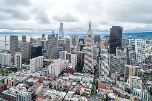 San Francisco Cityscape. Business District with Skyscraper in Background. Financial District. California. Drone Point of View.