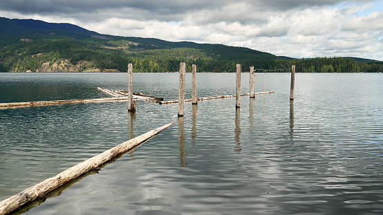 Remnants of an old logging dock on a serene, calm lake with distant forest covered hills in the background.