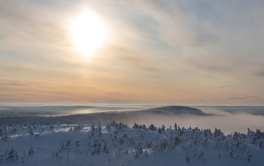 Misty mountain landscape in Lapland Finland