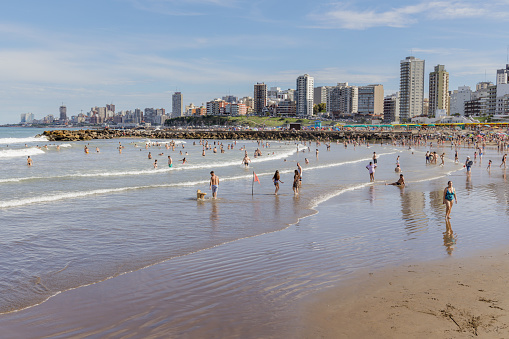 Mar del Plata, Argentina - January 15th, 2024: Tourists at Stella Maris beach in Mar del Plata.