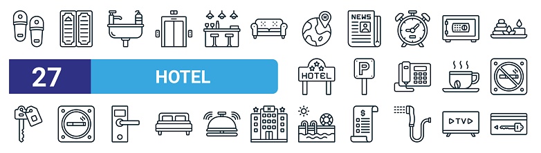 set of 27 outline web hotel icons such as slippers, menu, sink, newspaper, parking, smoking area, swimming pool, card key vector thin line icons for web design, mobile app.
