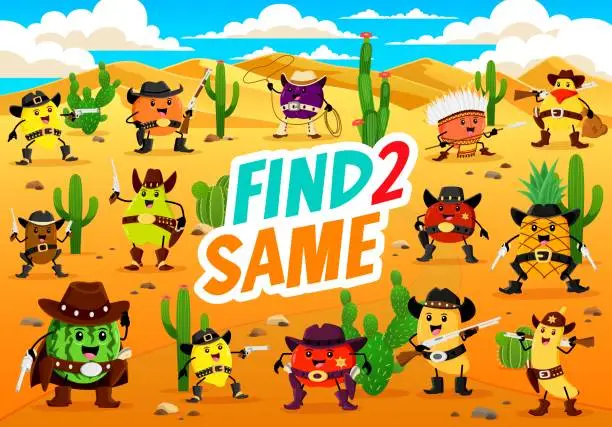 Vector illustration of Wild West game find two same cartoon cowboy fruits