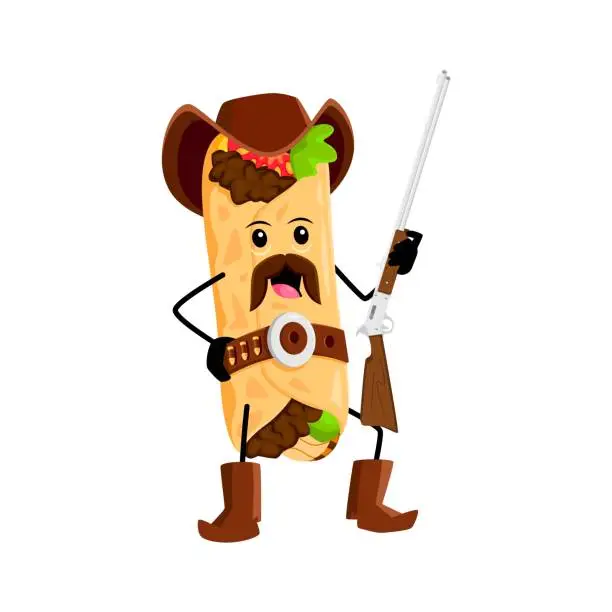 Vector illustration of Cartoon burrito cowboy, sheriff, bandit with rifle