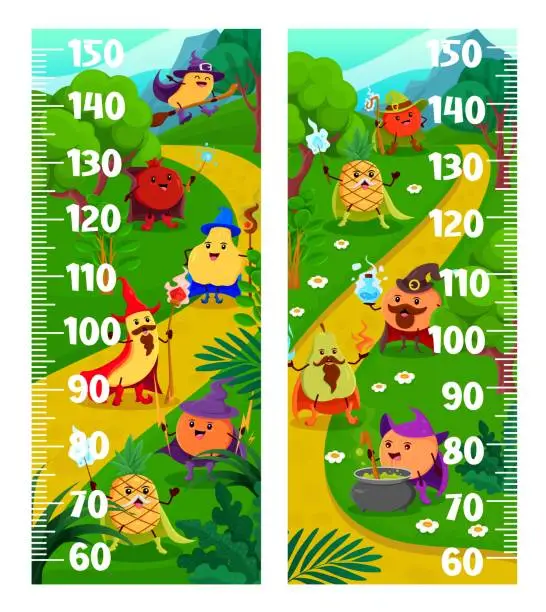 Vector illustration of Kids height chart with Halloween fruit wizards