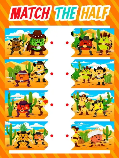 Vector illustration of Match half of cartoon cowboy and sheriff fruits