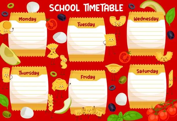 Vector illustration of Education timetable with italian pasta characters