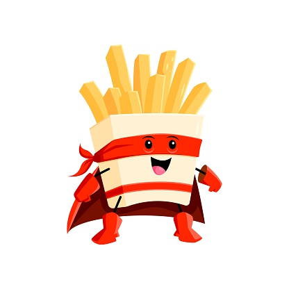Cartoon fast food french fries superhero character. Takeaway meal hero childish character, fast food dish defender or French fries superhero isolated vector funny personage or cheerful mascot
