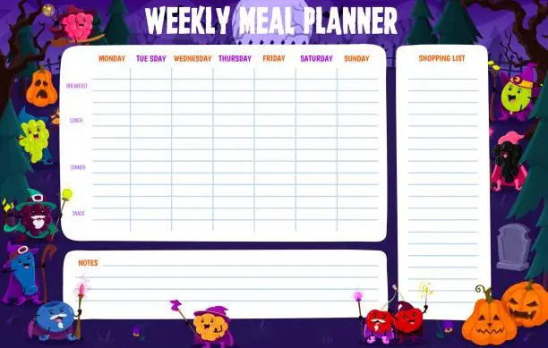 Vector illustration of Weekly meal planner schedule with berry wizards