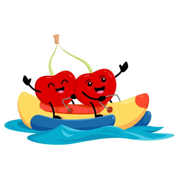 Vector illustration of Cartoon cherry twins riding water banana boat