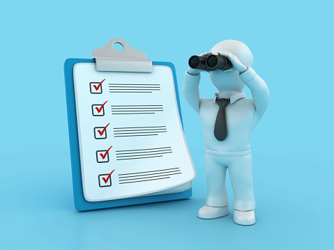 Check List Clipboard and Cartoon Business Character with Binoculars - Color Background - 3D Rendering
