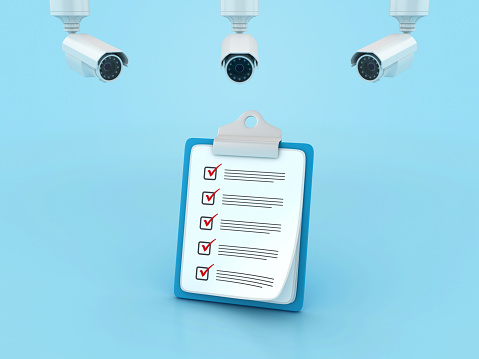 Check List Clipboard with Security Cameras - Color Background - 3D Rendering