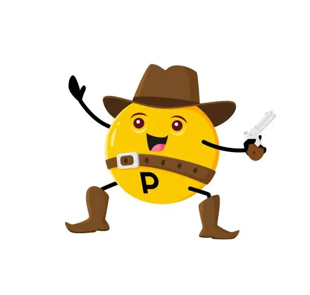 Vector illustration of Cartoon funny vitamin P, cowboy character with gun