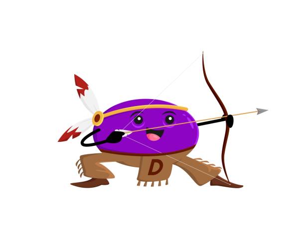 Cartoon vitamin D Indian character, archer warrior Cartoon vitamin D Indian character or native American warrior, vector kids mascot. Funny cute vitamin D Indian chief with arrow and bow archery in feather tribal headdress, Apache or Cherokee archer cherokee clip art stock illustrations