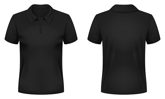 Blank black polo shirt template. Front and back views. Photo-realistic vector illustration.