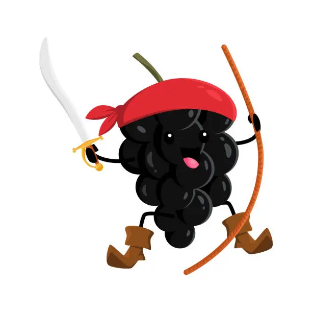 Vector illustration of Cartoon blackberry pirate with saber riding rope