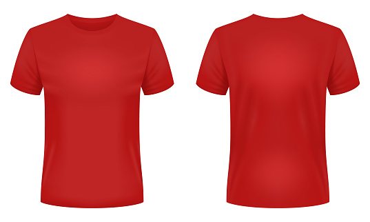 Blank red t-shirt template. Front and back views. Photo- realistic vector illustration.