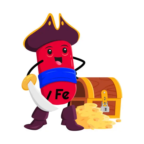 Vector illustration of Cartoon vitamin, Fe micronutrient pirate character