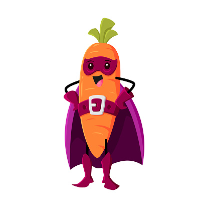 Cartoon carrot super hero vegetable character. Isolated vector funny plant source of carotene vitamin in cloak and mask with arms akimbo. Fairytale healthy food, superhero comics book personage
