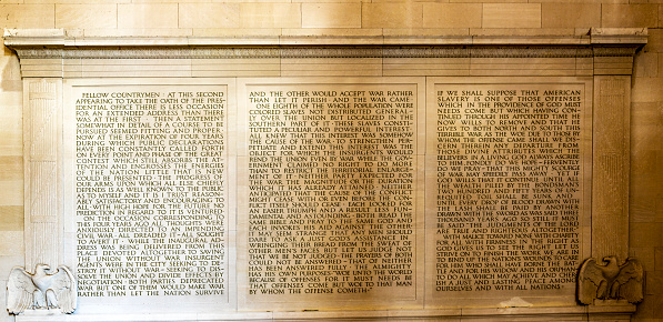 Speeches of the sixteenth president of the USA Abraham Lincoln, which is located in the temple and pantheon of Washington DC, in the United States.
