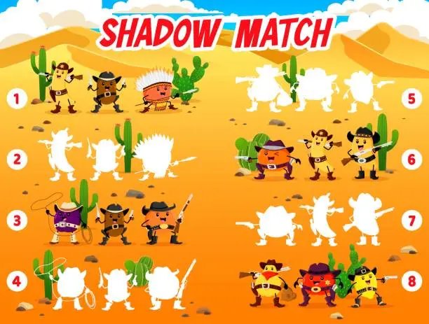 Vector illustration of Shadow match game. Wild West cartoon cowboy fruits