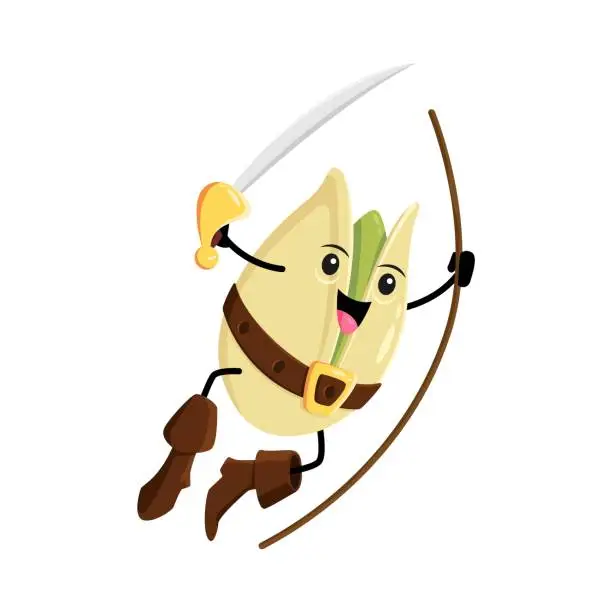 Vector illustration of Cartoon pistachio nut pirate character riding rope