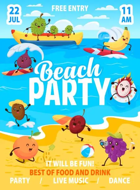 Vector illustration of Kids beach party flyer with fruits on vacation