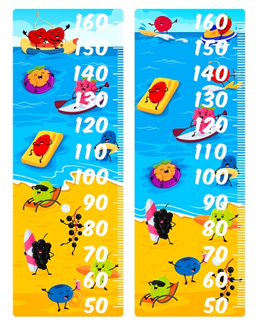 Kids height chart ruler. Cartoon berry characters on summer beach. Child height and growth vector meter with cherry, raspberry, gooseberry and blueberry, grapes funny personages surfing and sunbathing