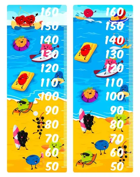 Vector illustration of Kids height chart with berry characters on beach