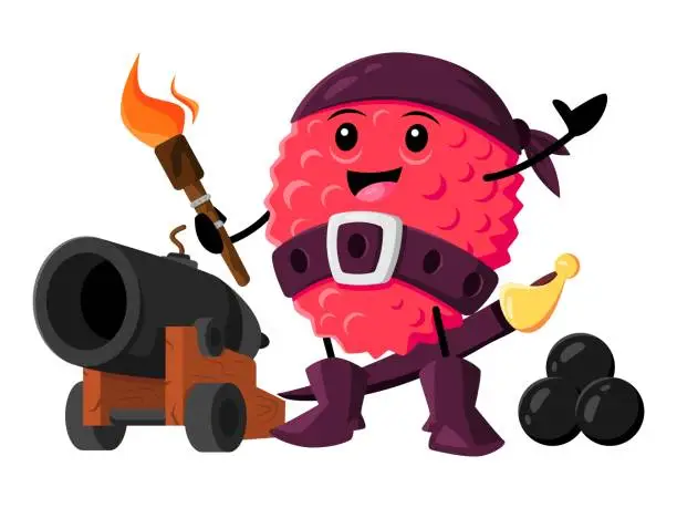 Vector illustration of Cartoon lychee fruit pirate or corsair with cannon