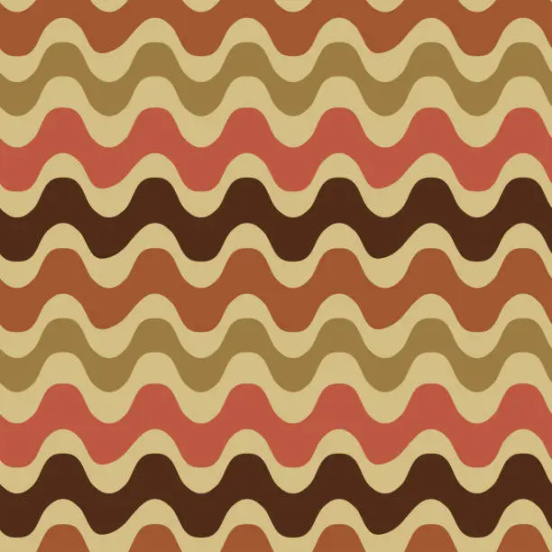 Vector illustration of Retro groovy 70s waves seamless pattern in brown, red and beige.
