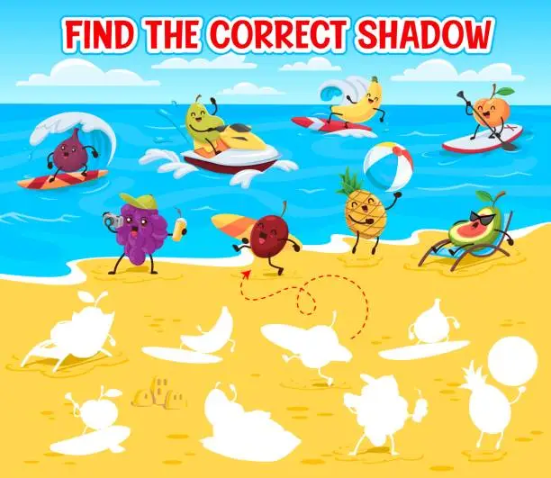 Vector illustration of Find the correct shadow game with fruits on beach